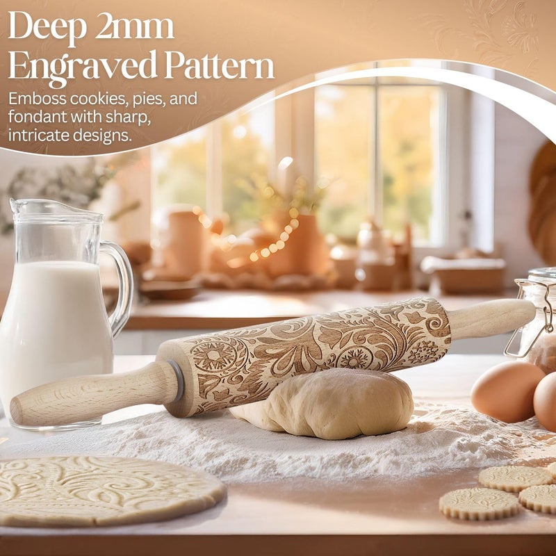 Flexzion Embossed Rolling Pins with Patterns for Baking, 7.7-inch Engraved Wooden Rolling Pin with Snowflake Flower Pattern Rolling Pin for Baking Pastry Pizza Dough Fondant Cookie Pie Crust Pasta - Image 5